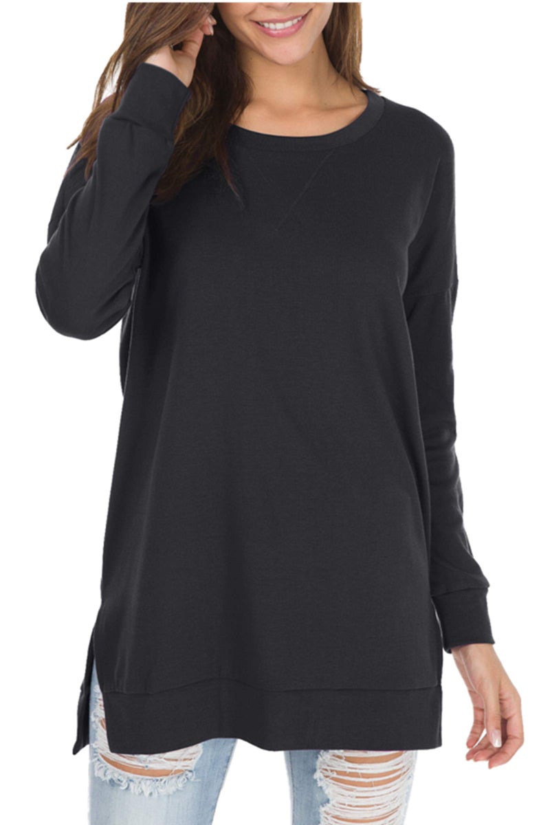 levaca Womens Fall Long Sleeve Plus Pullover Side Split Loose Casual Tunic Tops Black S - Image 1